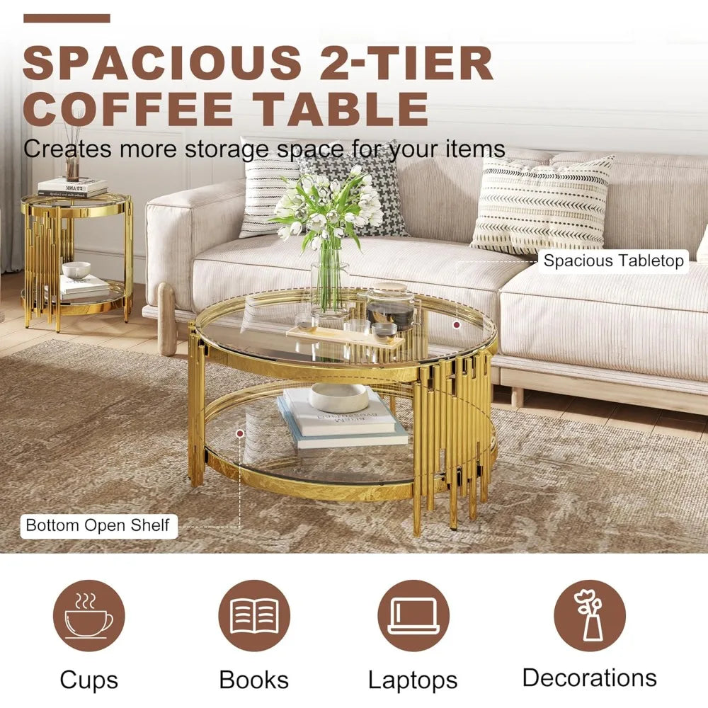 MKDK 3 Piece Glass Coffee Table Set Stainless Steel Frame