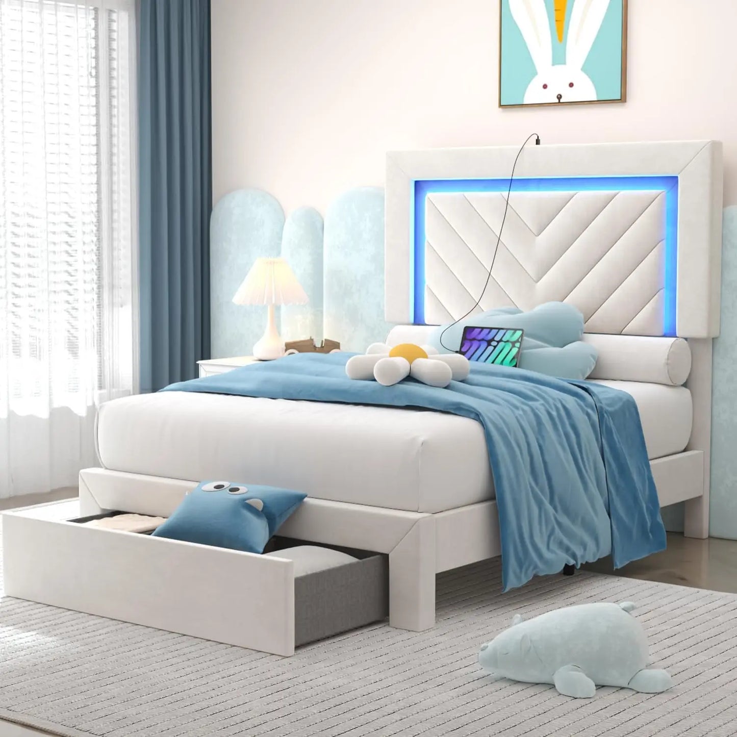 Upholstered Velvet Bed Frame With LED Headboard Storage Drawer Charging