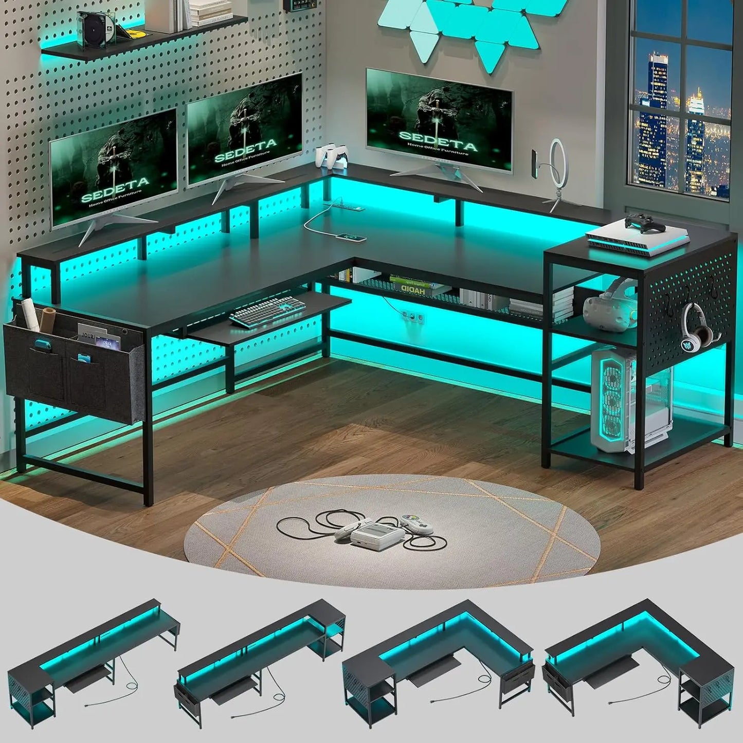 Zhuxiang L Shaped Computer Desk With Power Outlets And LED