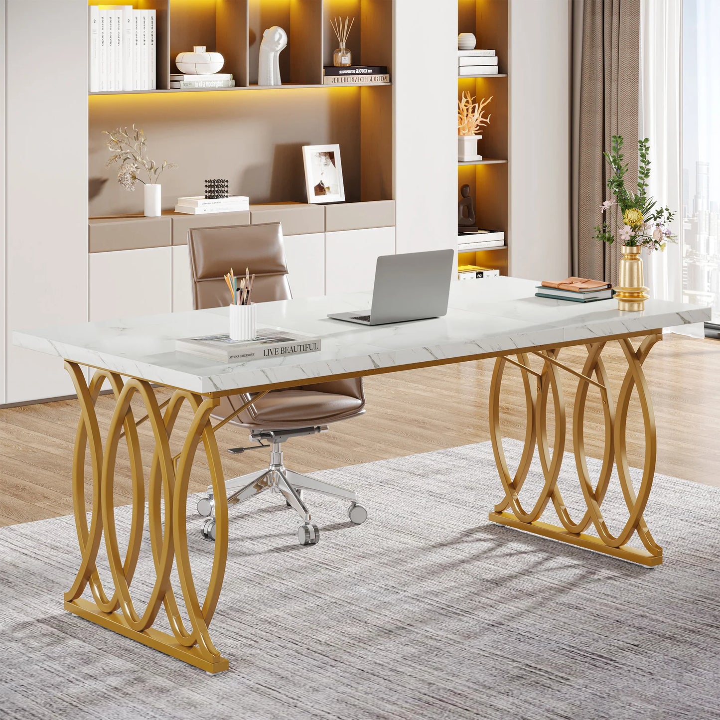 Tribesigns Modern Executive Wooden Office Desk With Gold Metal Legs