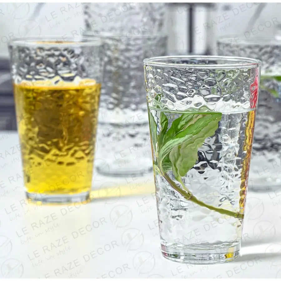 of 10 Hammered Glass Cups, 16oz. Dishwasher Safe Cocktail Drinking Glasses Clear Heavy Base Stemmed Water Glasses, Tall Beer Gla