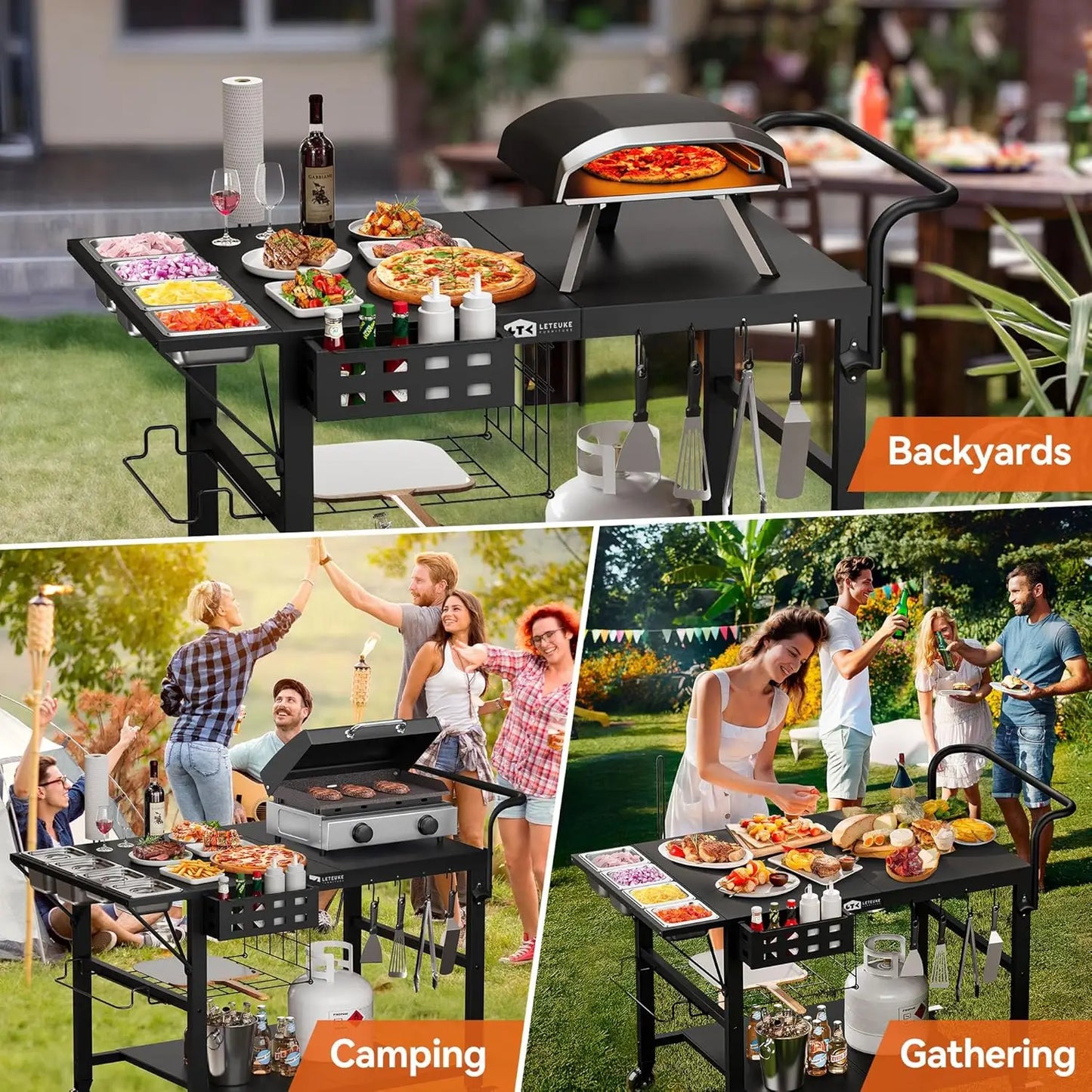 Universal Outdoor Pizza Oven Cart with Wheels, Heavy-Duty Steel Frame, Spice Rack & Storage for BBQ Prep