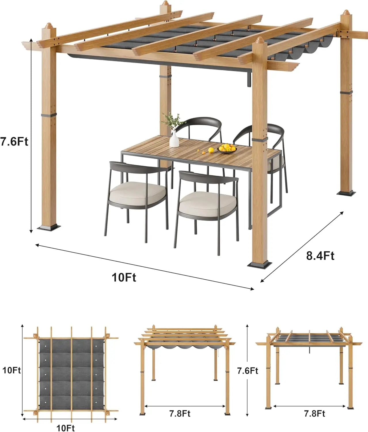 10X10FT 10X13FT Outdoor Pergola With Retractable Canopy, Faux Wood Grain Metal Patio Gazebo, Modern Yard Pergola Shelter