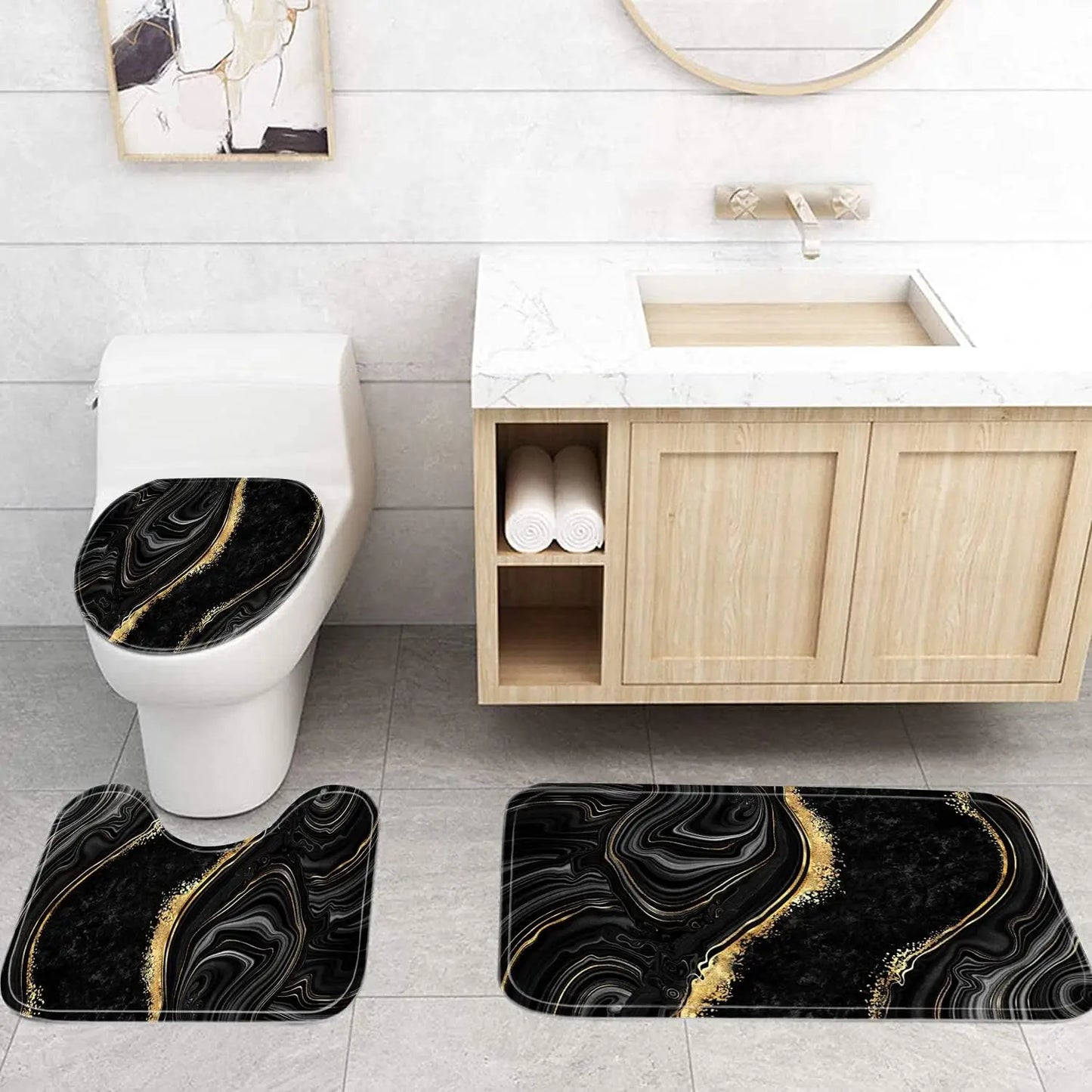 4-Piece Black Marble Shower Curtain Set with Gold Rugs, Modern Abstract Bathroom Decor Accessories for Toilet and Floor