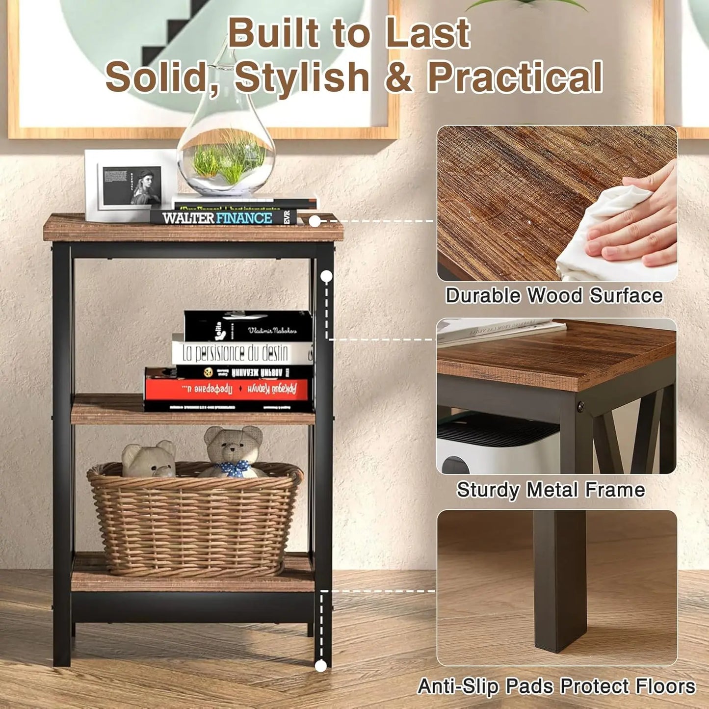 Rustic End Table Set With X Design And Tier Storage