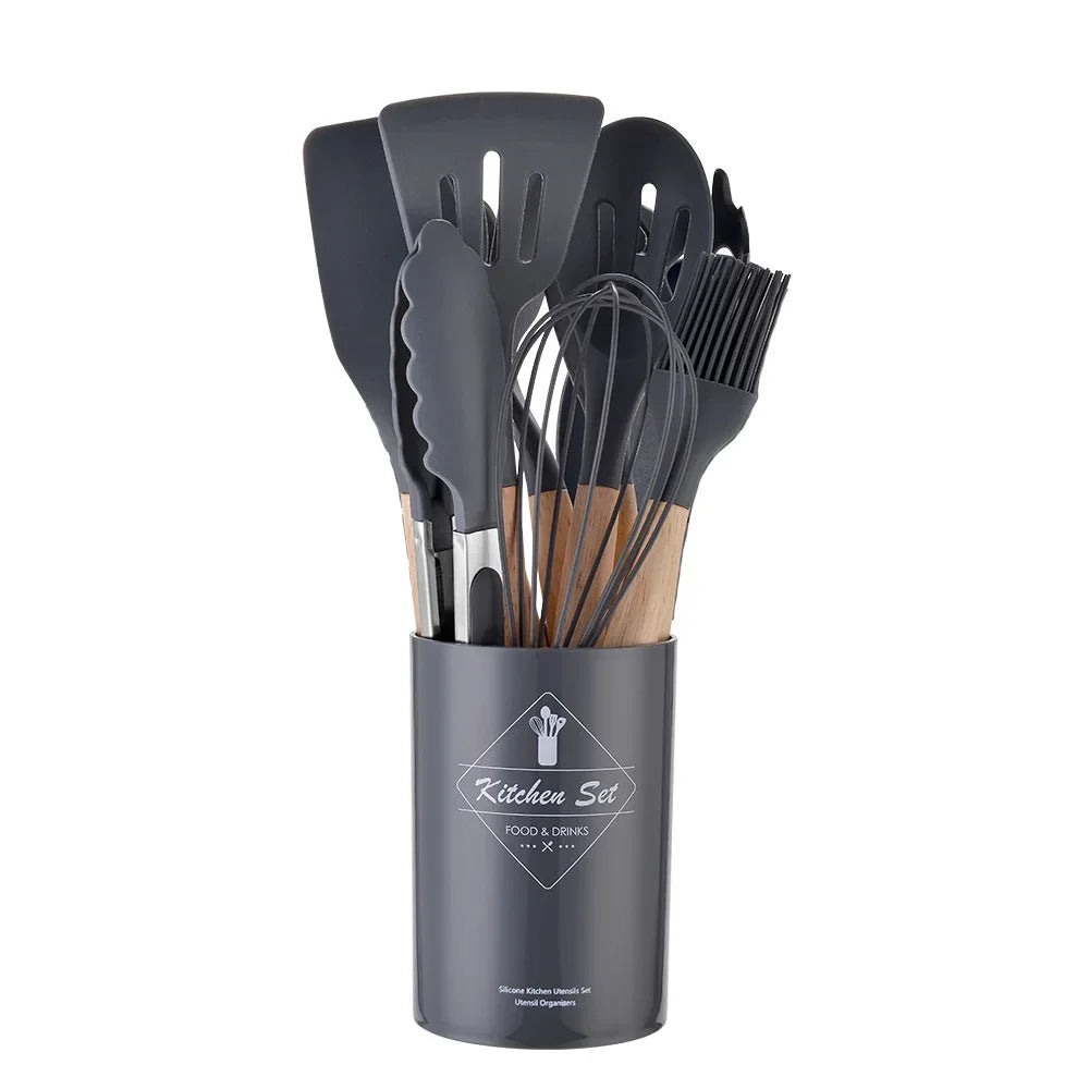 AJOYOUS 12 Piece Silicone Kitchen Utensils Set With Wooden Handles