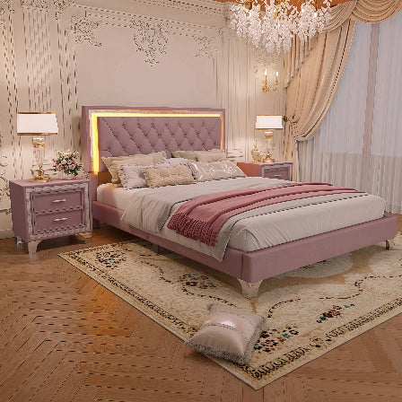3 Piece Bedroom Set With LED Upholstered Platform Bed Nightstands