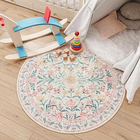 DIXSG Boho Washable Round Rug For Bedroom And Nursery Cotton