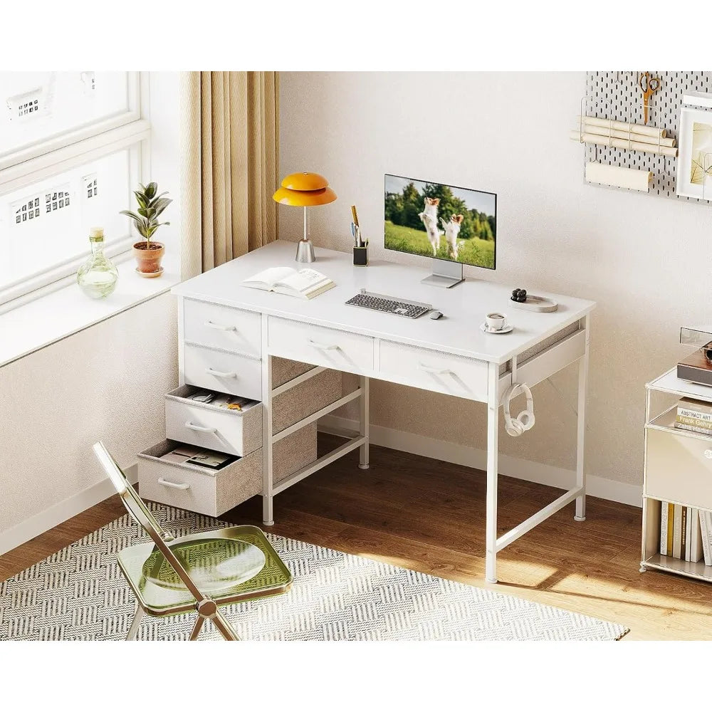 ODK 40 Inch White Computer Desk, 6 Drawers Reversible Desk with Headphone Hook, Small Storage Desk for Home Office Study Bedroom