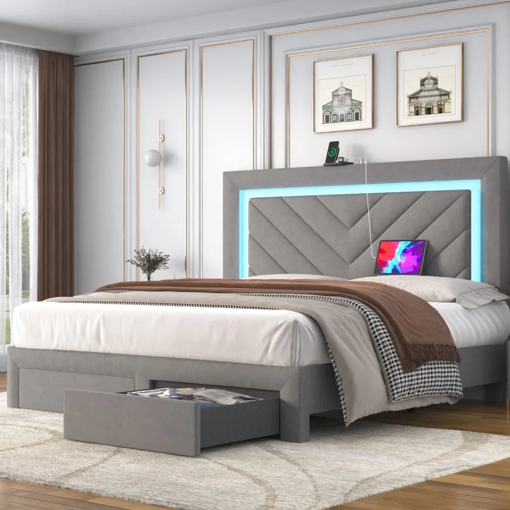 Upholstered Velvet Bed Frame With LED Headboard Storage Drawer Charging
