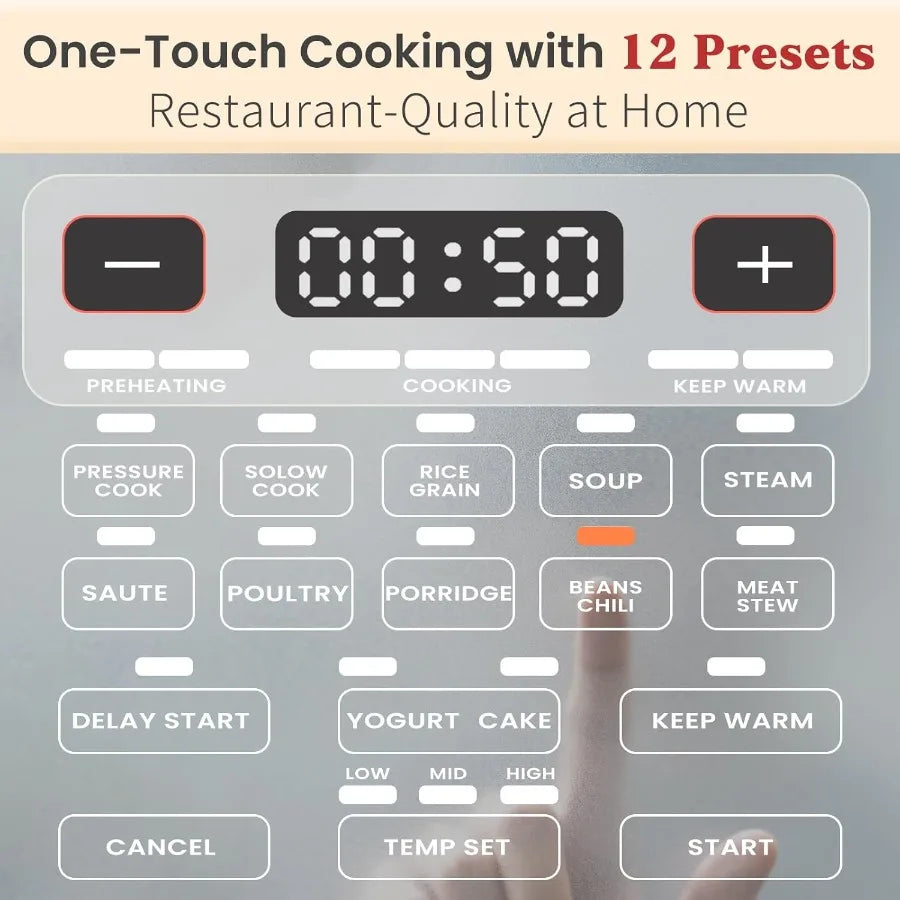 8QT Electric Pressure Cooker Max 1200W Fast Cooking 12-in-1 Multi-Use Programmable with Ceramic Non-Stick Pot for Saute Slow Co