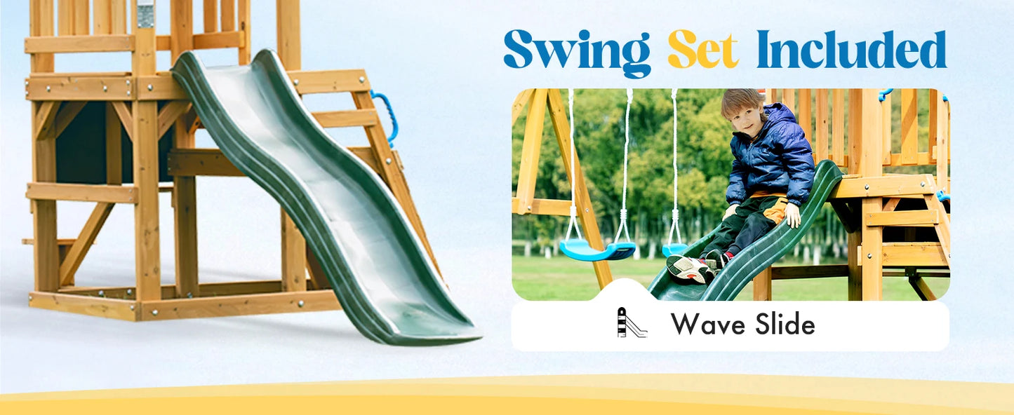 Robotime Robud Wooden Swing Set with Dual Swings Slide Rock Climbing Wall Chalkboard Telescope Fort for Backyard Fun for Kids