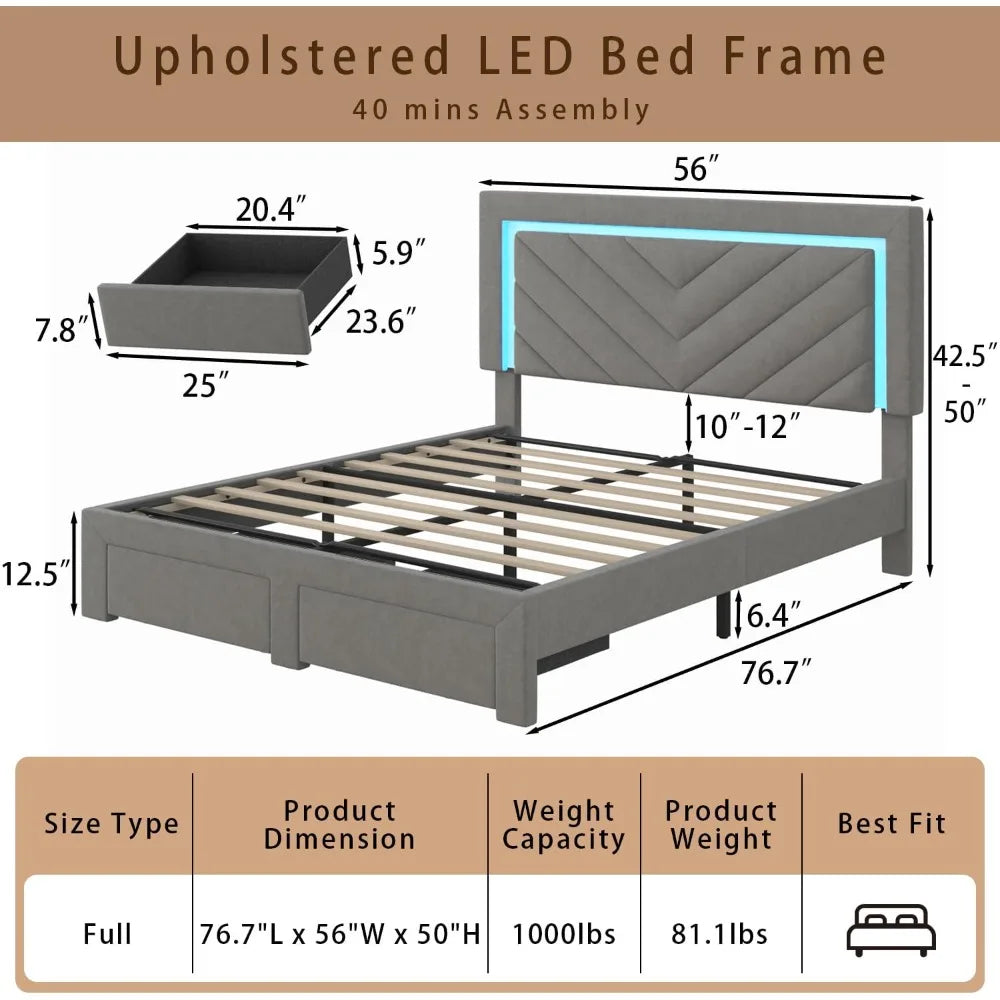 Upholstered Velvet Bed Frame With LED Headboard Storage Drawer Charging