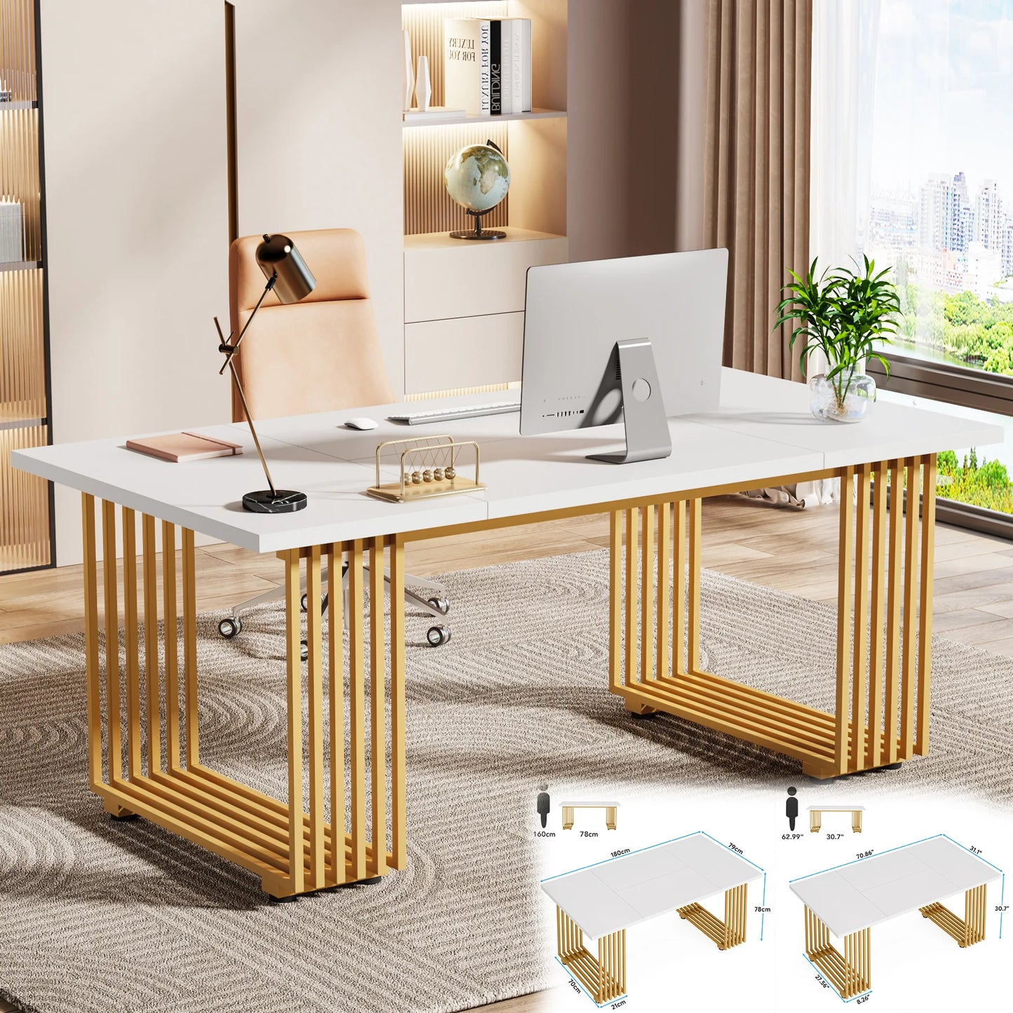 Tribesigns Modern Executive Wooden Office Desk With Gold Metal Legs