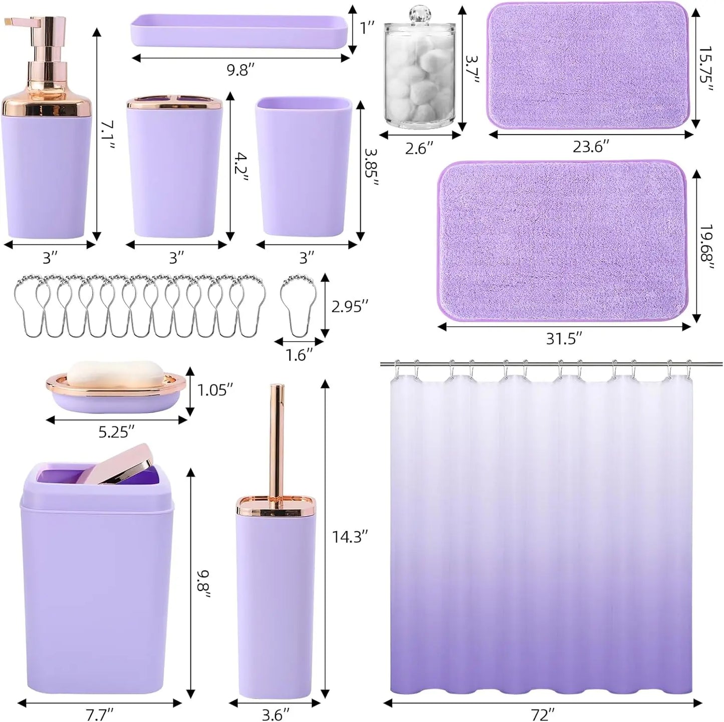 Complete Bathroom Accessory Set With Ombre Shower Curtain And Non Slip Rugs