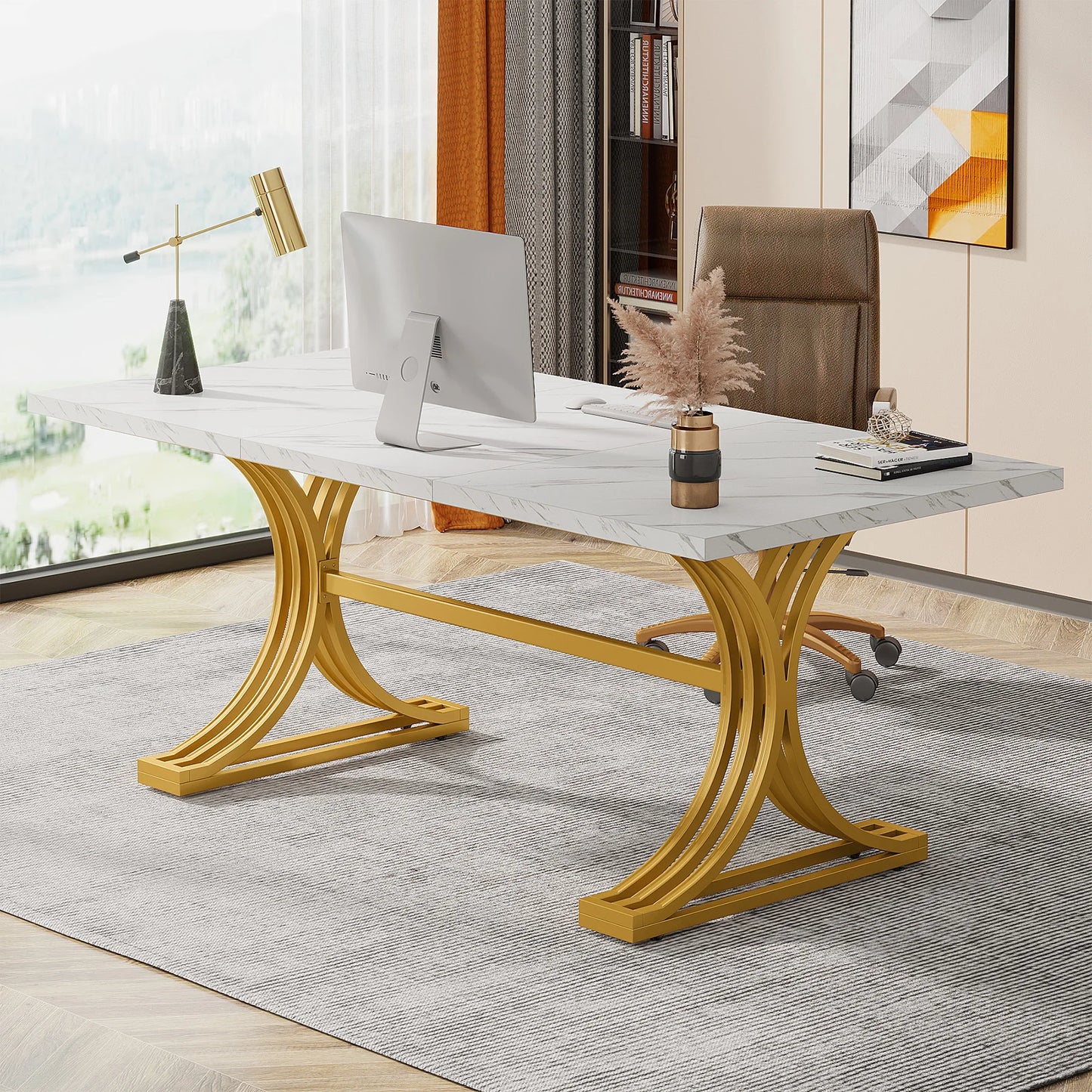 Tribesigns Modern Executive Wooden Office Desk With Gold Metal Legs