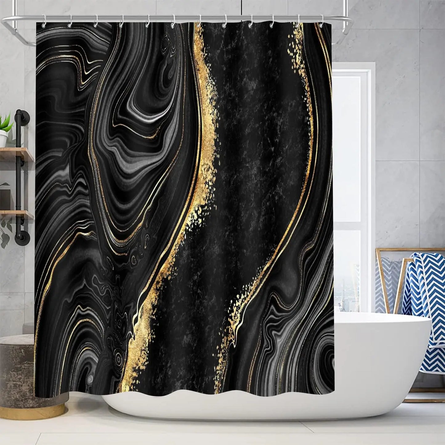 4-Piece Black Marble Shower Curtain Set with Gold Rugs, Modern Abstract Bathroom Decor Accessories for Toilet and Floor