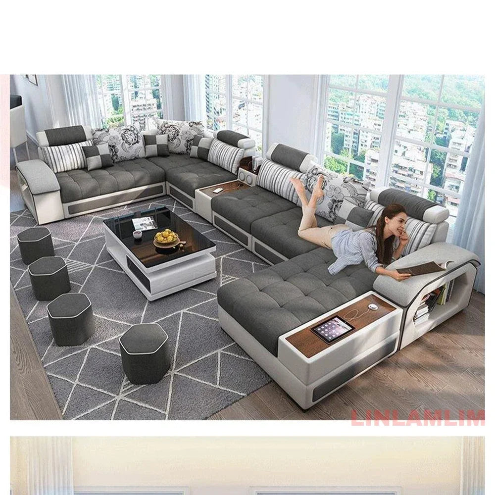 MANBAS U Shaped Sectional Fabric Sofa With Storage Built In Side Tables USB