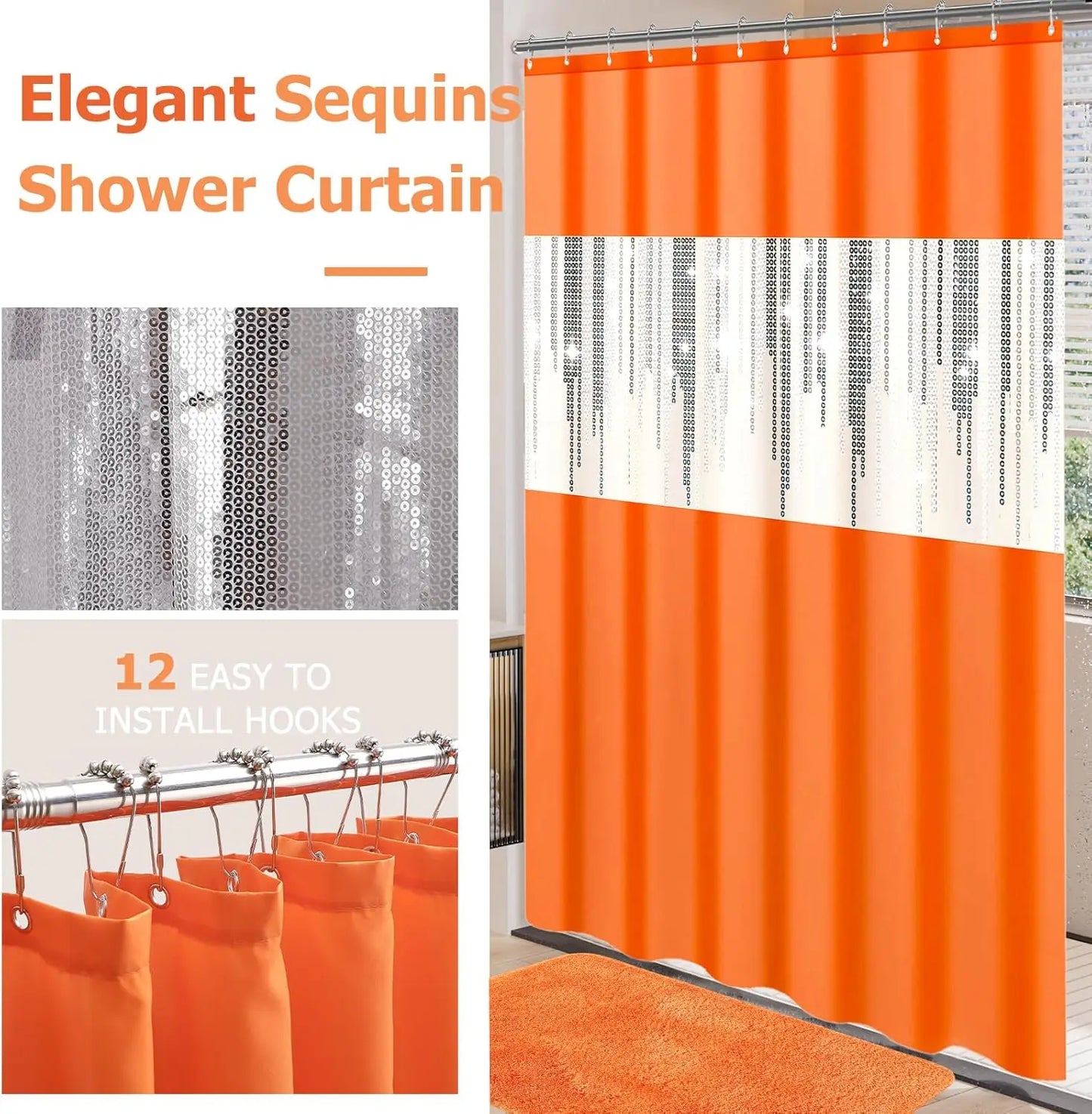 Sparkling Orange Bathroom Set with Sequin Shower Curtain and Soft Rugs - Complete Decor Kit