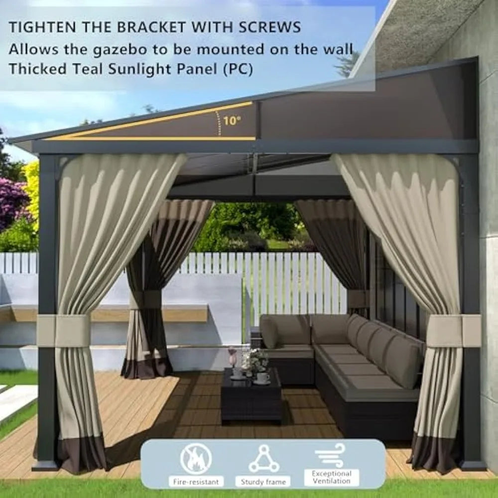10’ x 12’ Wall Mount Gazebo Outdoor Pergola, Hardtop Lean to Gazebo Canopy Awnings with Sloped Roof and Sturdy Steel Frame, for