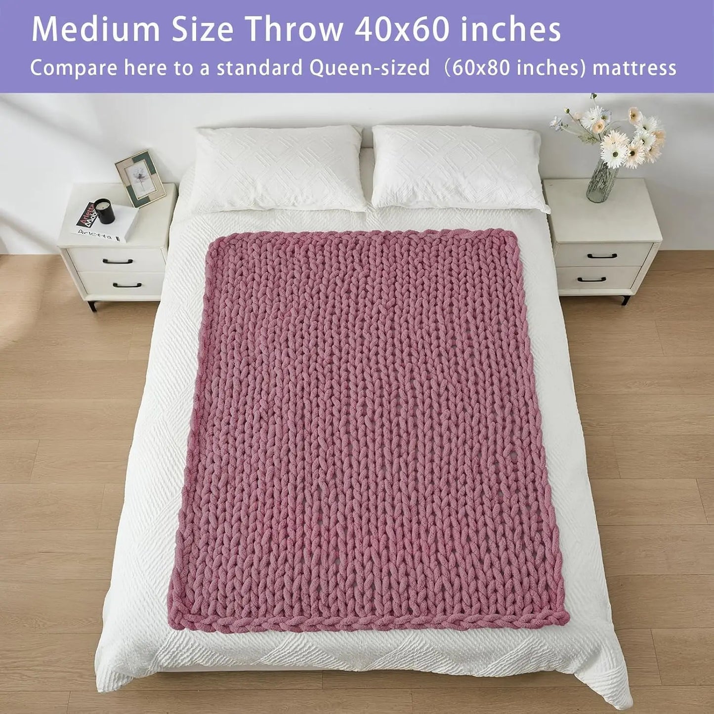 Chunky Knit Throw Blanket, 40x60 Inches, Handmade with Soft Chenille Yarn for Couch and Bed in Burnt Rose