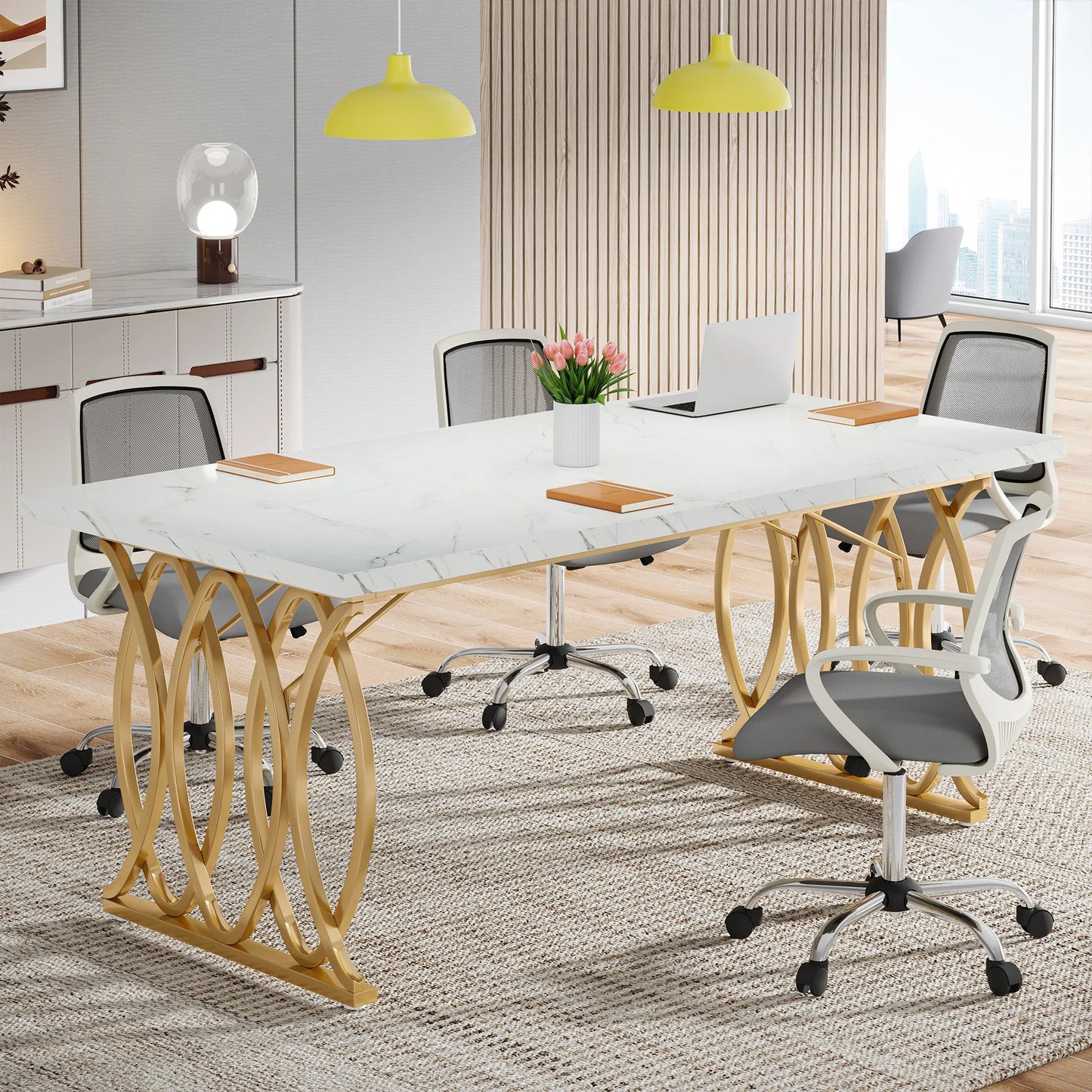 Tribesigns Modern Executive Wooden Office Desk With Gold Metal Legs