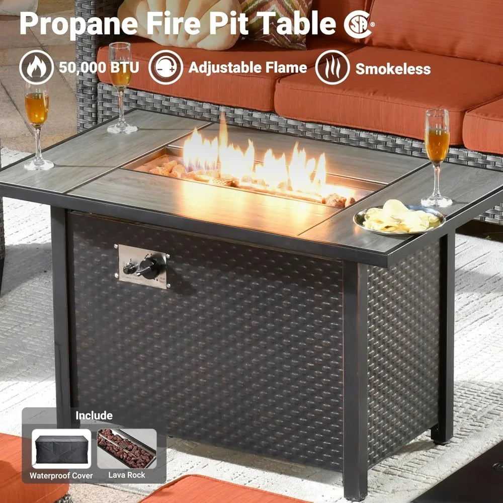 6 Pieces Patio Furniture Set with Fire Pit Table,Outdoor Wicker 3-Seat Sofa with Comfy Cushion,High Back Rattan Conversation Set