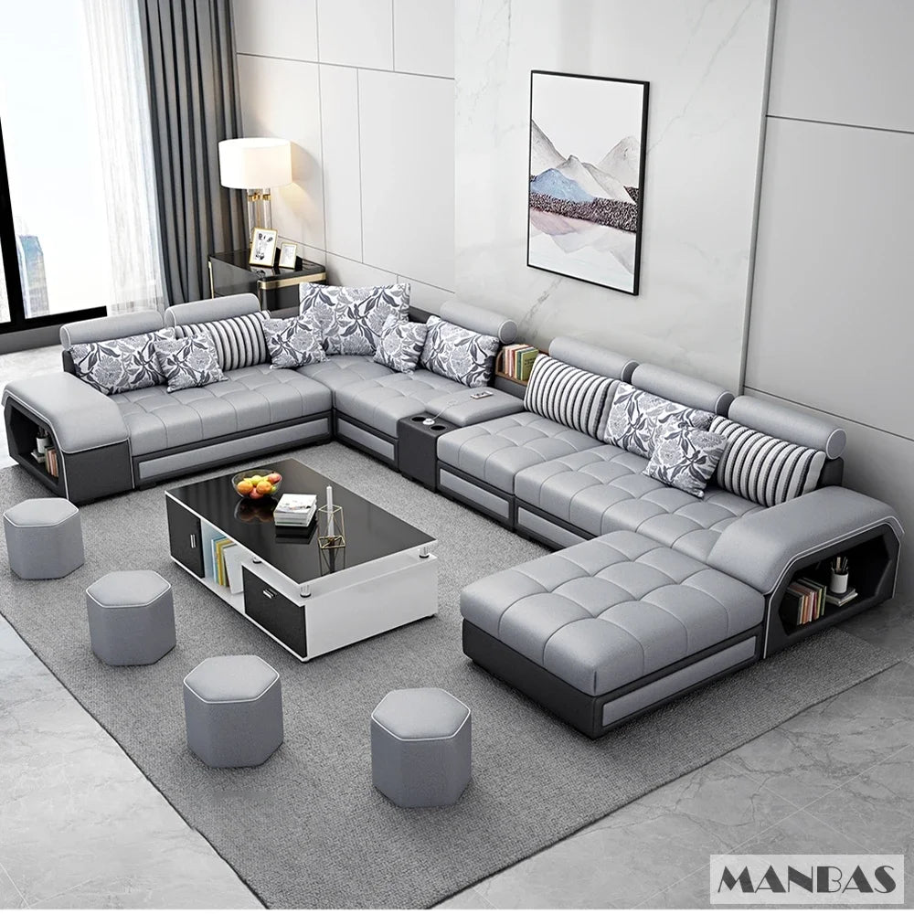 Linlamlim U Shape Fabric Sofa Set With USB Ports And Stools