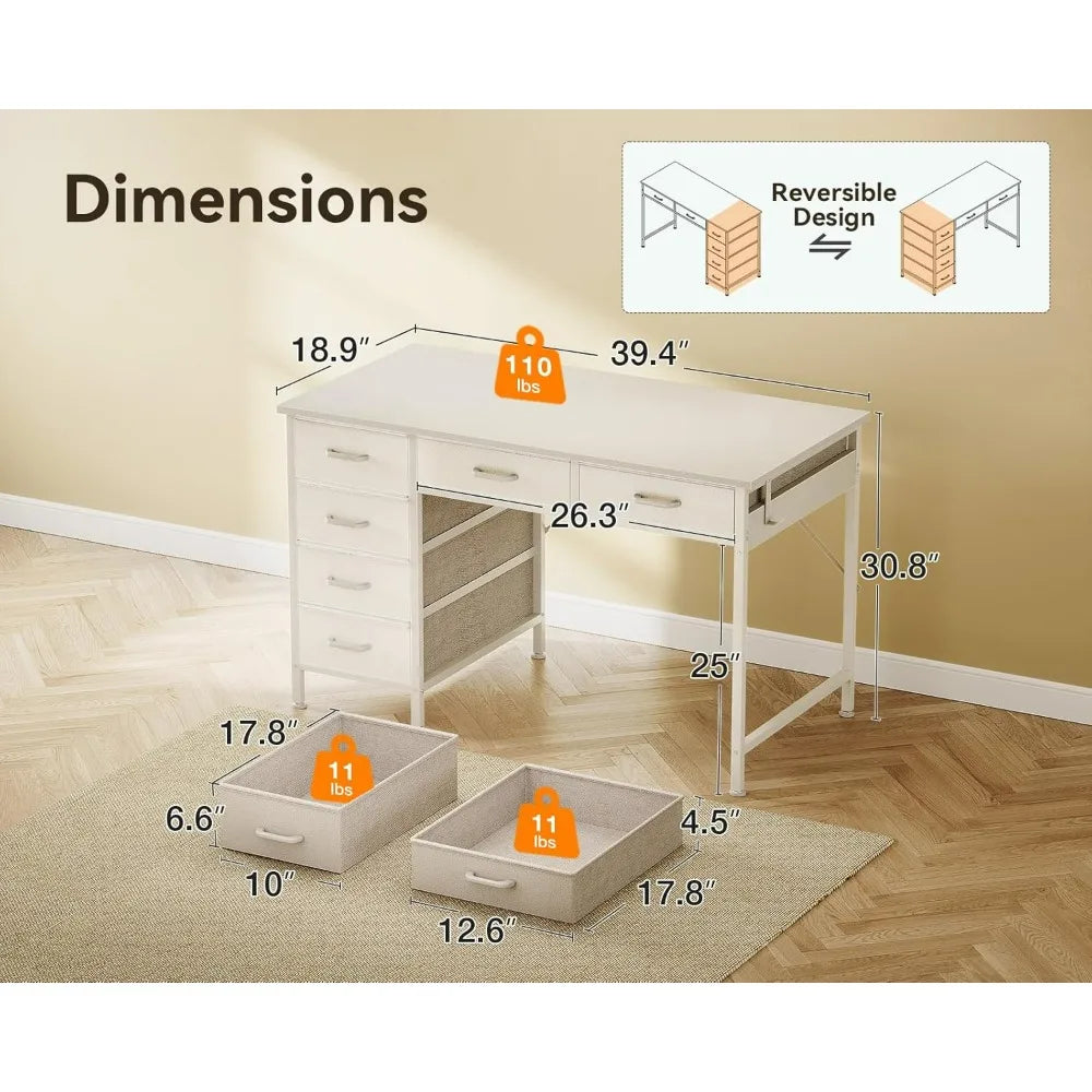 ODK 40 Inch White Computer Desk, 6 Drawers Reversible Desk with Headphone Hook, Small Storage Desk for Home Office Study Bedroom