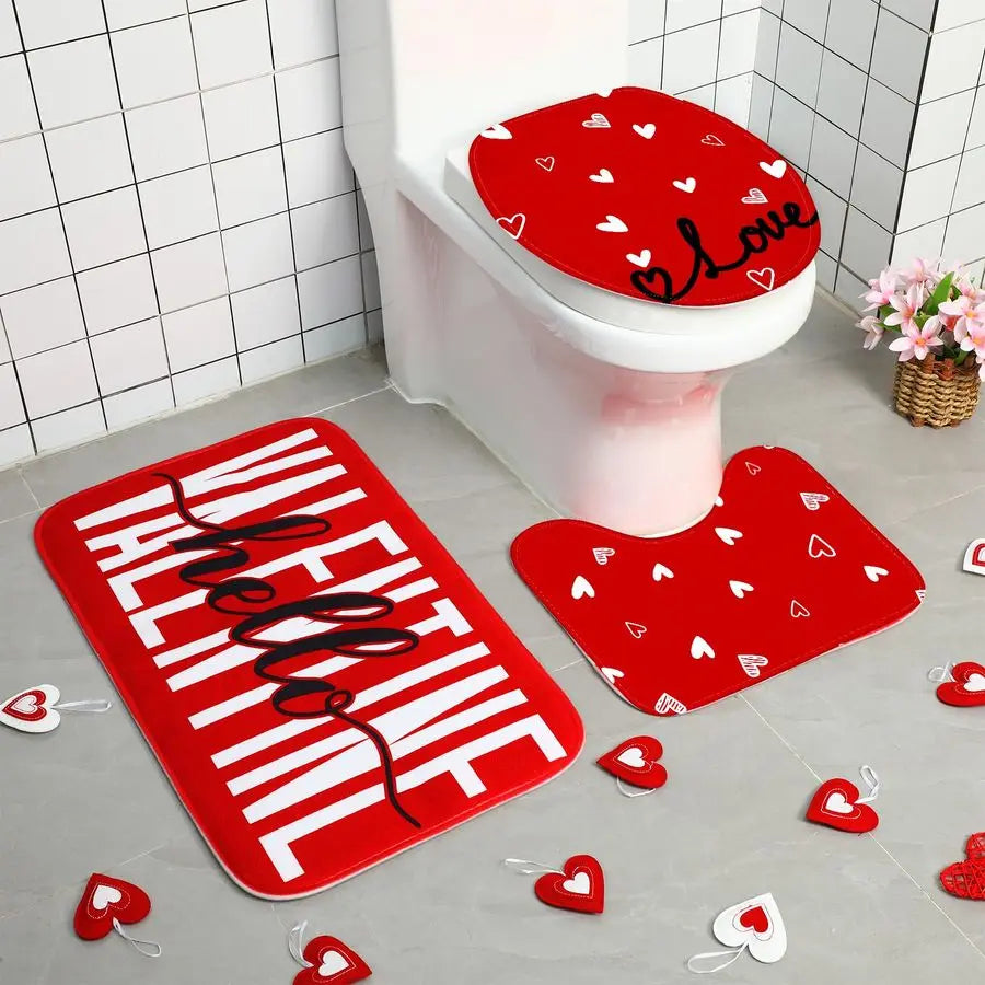 4 Pcs Valentines Day Shower Curtain Set, Non Slip Rugs Toilet Lid Cover U Shape Bath Mat and 12 Hooks Love Heart Shape Red Bathr