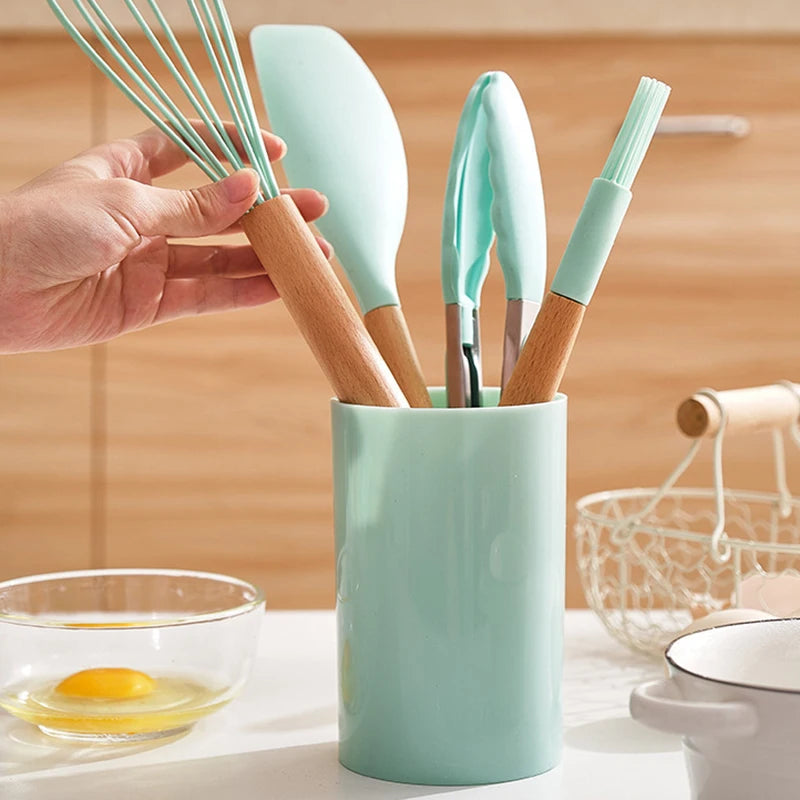AJOYOUS 12 Piece Silicone Kitchen Utensils Set With Wooden Handles