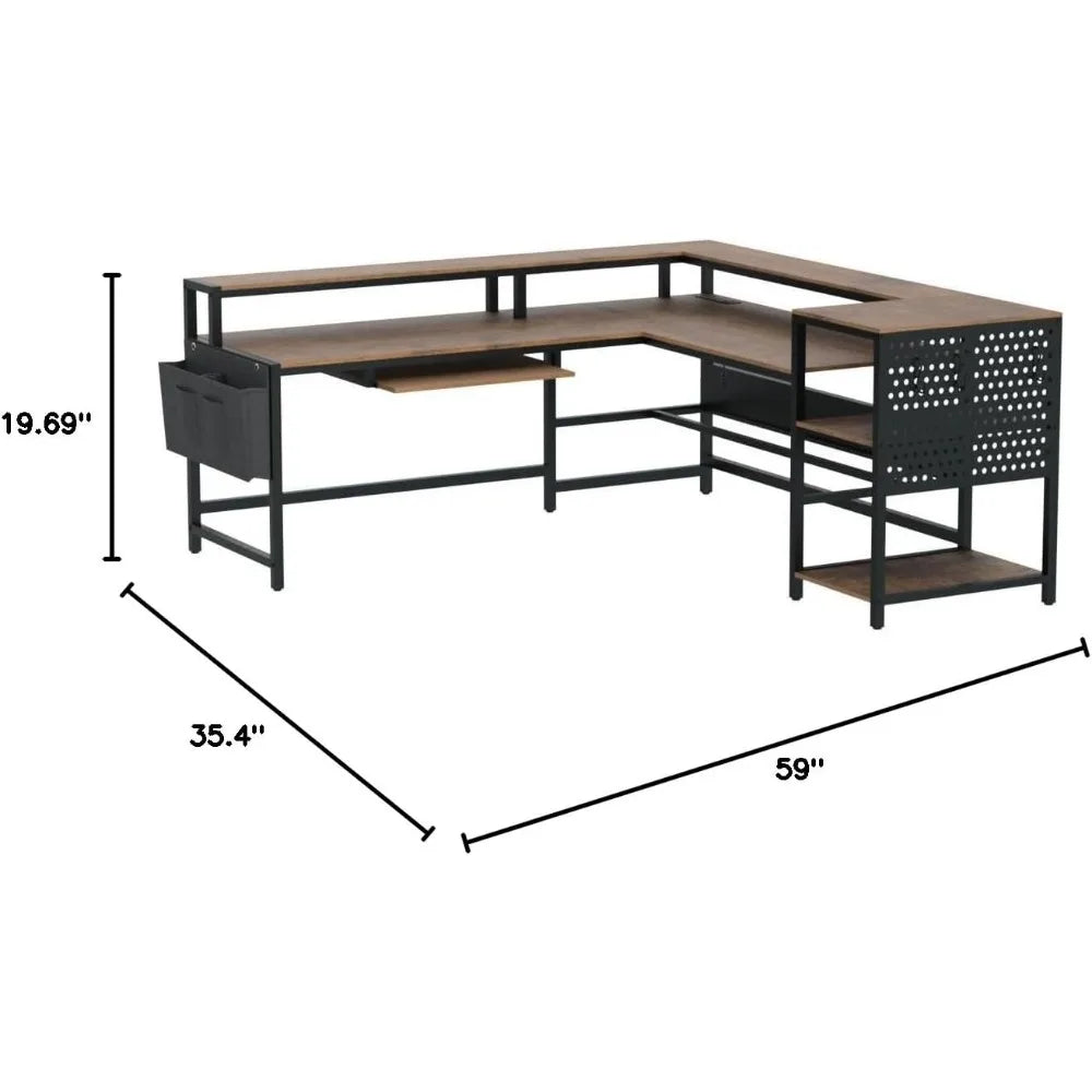 Zhuxiang L Shaped Computer Desk With Power Outlets And LED