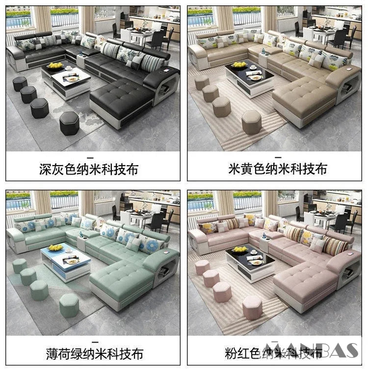 Linlamlim U Shape Fabric Sofa Set With USB Ports And Stools