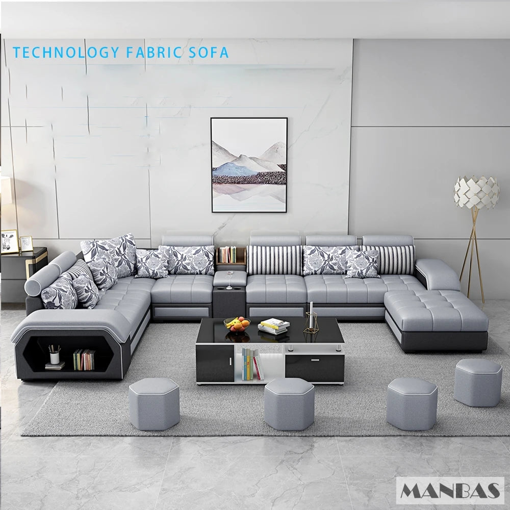 Linlamlim U Shape Fabric Sofa Set With USB Ports And Stools