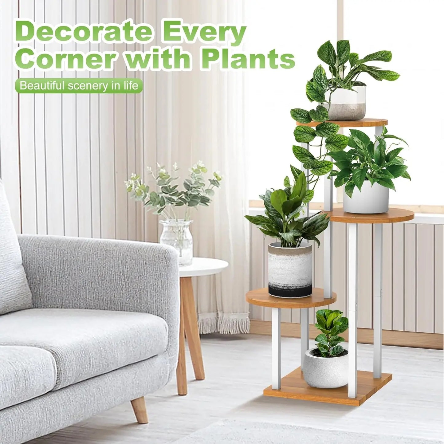 4-Tier Wood and Metal Plant Stand for Indoor Living Room Plants