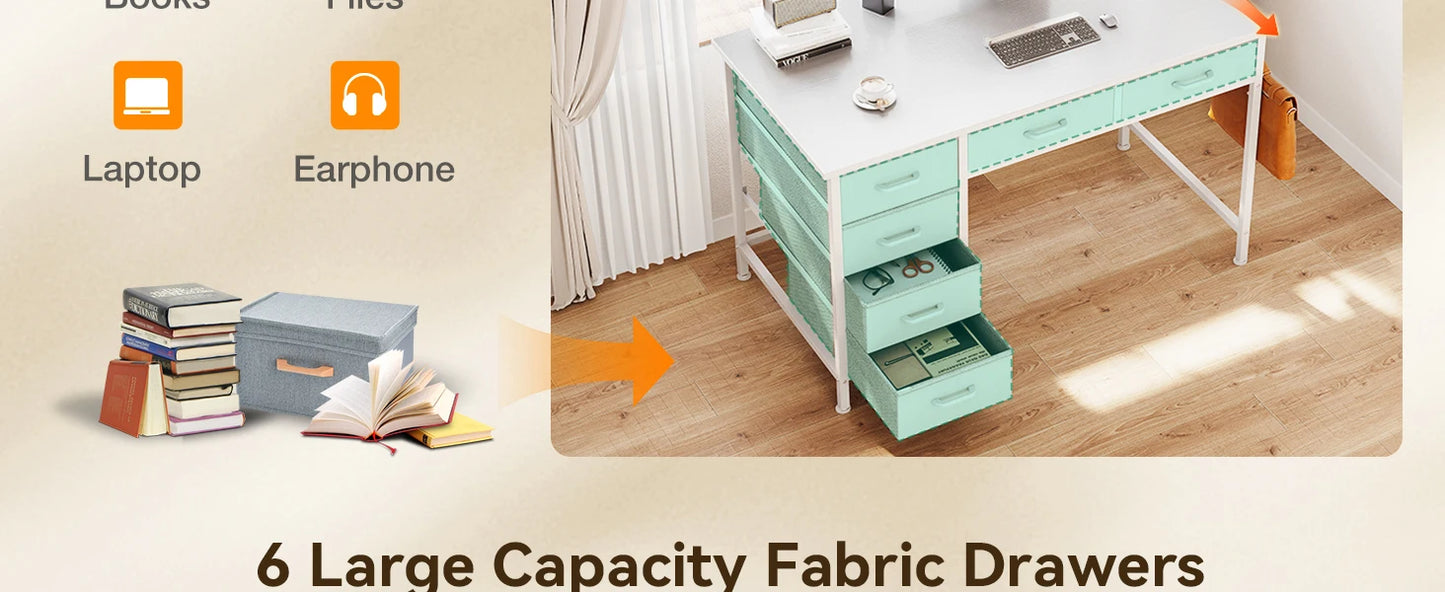 ODK 40 Inch White Computer Desk, 6 Drawers Reversible Desk with Headphone Hook, Small Storage Desk for Home Office Study Bedroom