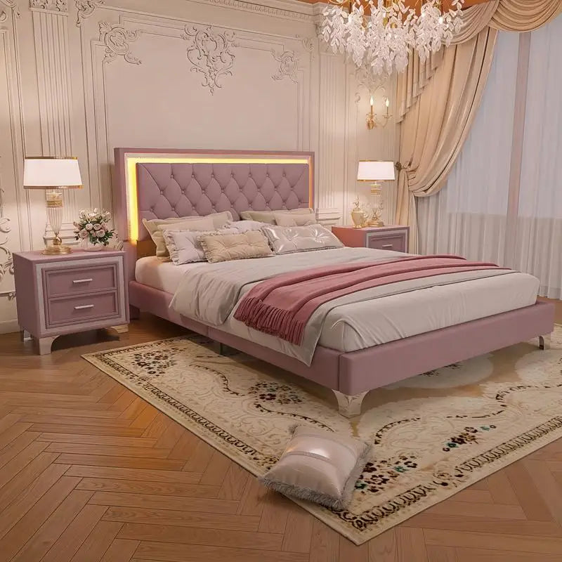 General 3-Piece Upholstered Bedroom Set With LED Bed And Nightstands