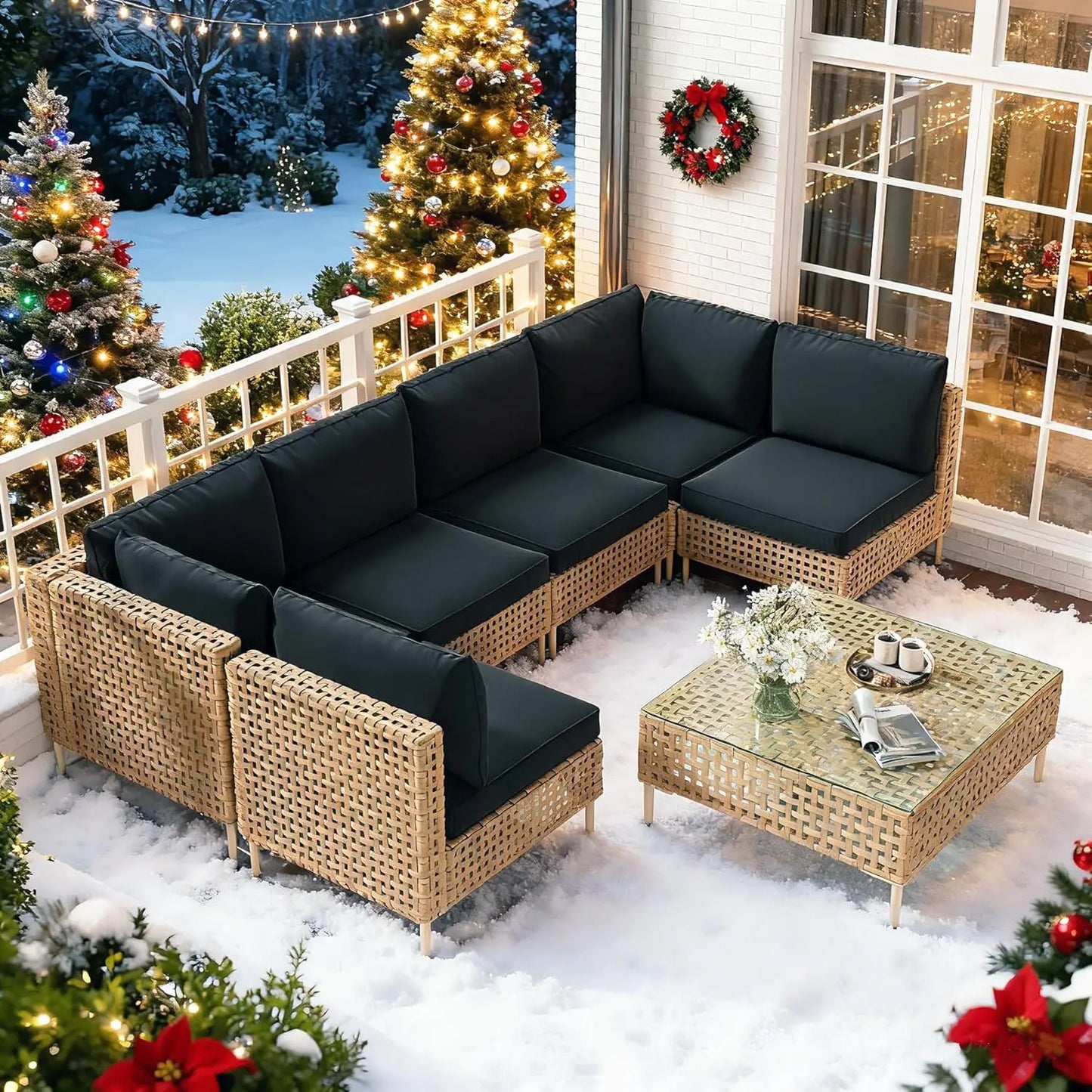 7-Piece Wicker Outdoor Patio Furniture Set, Modular Rattan Outdoor Furniture, Patio Conversation Sets Outdoor Sectionals Sofa,