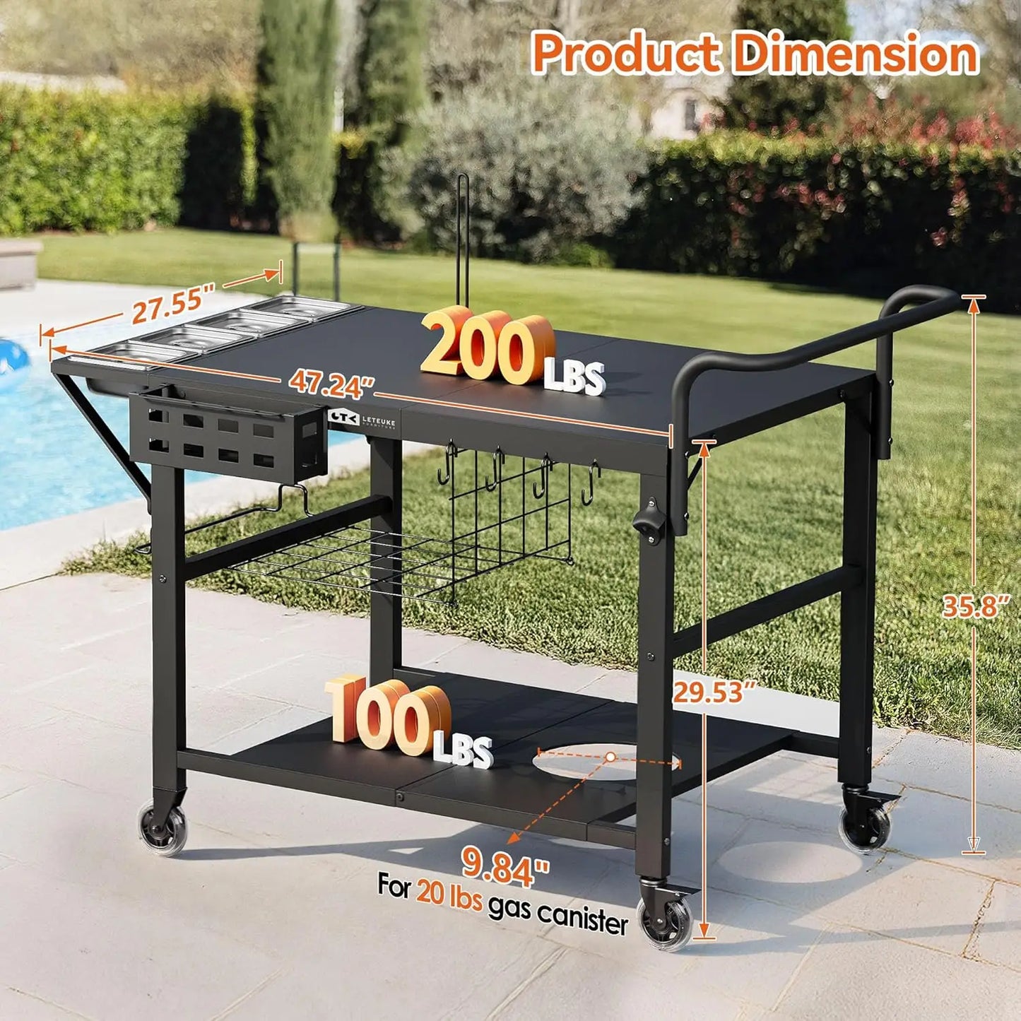 Universal Outdoor Pizza Oven Cart with Wheels, Heavy-Duty Steel Frame, Spice Rack & Storage for BBQ Prep