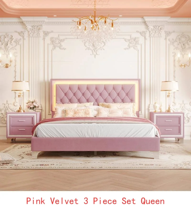3 Piece Bedroom Set With LED Upholstered Platform Bed Nightstands