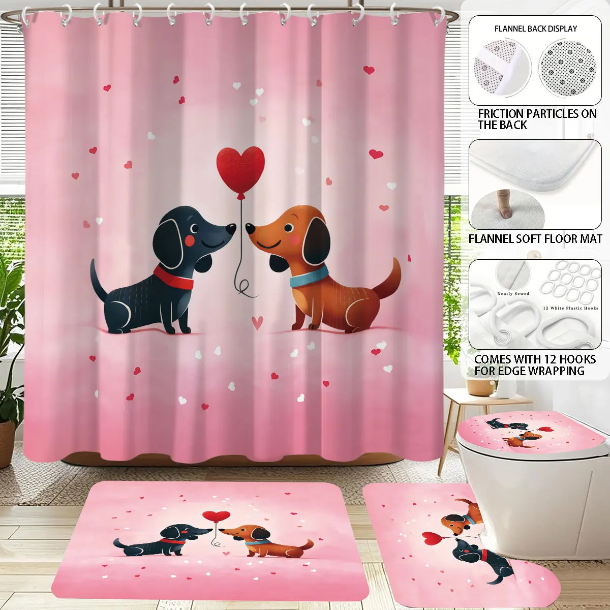 4pcs Valentine's Day Pink Romantic Sausage Dog Print Bathroom Set Waterproof Shower Curtain Floor Mat U-shaped Toilet Mat