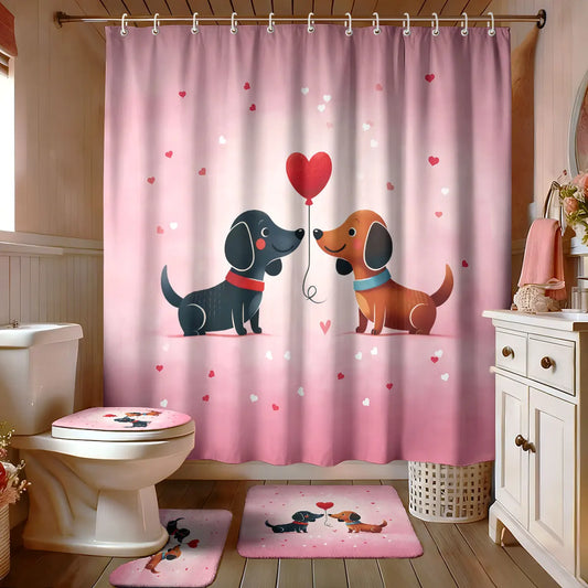 4pcs Valentine's Day Pink Romantic Sausage Dog Print Bathroom Set Waterproof Shower Curtain Floor Mat U-shaped Toilet Mat