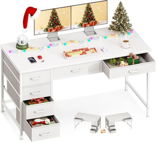 ODK 40 Inch White Computer Desk, 6 Drawers Reversible Desk with Headphone Hook, Small Storage Desk for Home Office Study Bedroom