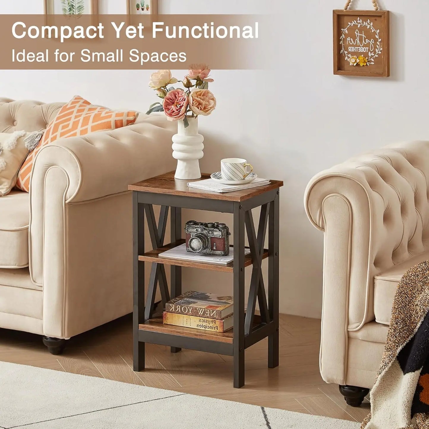 Rustic End Table Set With X Design And Tier Storage