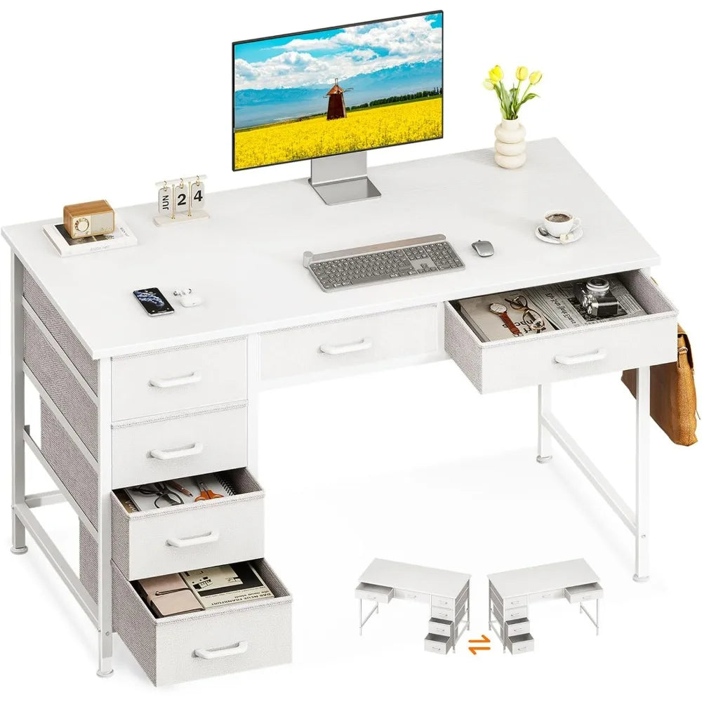 ODK 40 Inch White Computer Desk, 6 Drawers Reversible Desk with Headphone Hook, Small Storage Desk for Home Office Study Bedroom
