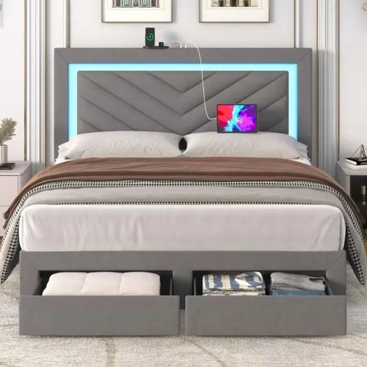Upholstered Velvet Bed Frame With LED Headboard Storage Drawer Charging
