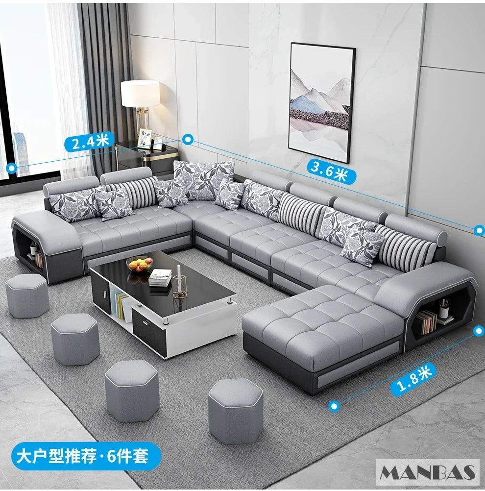 Linlamlim U Shape Fabric Sofa Set With USB Ports And Stools
