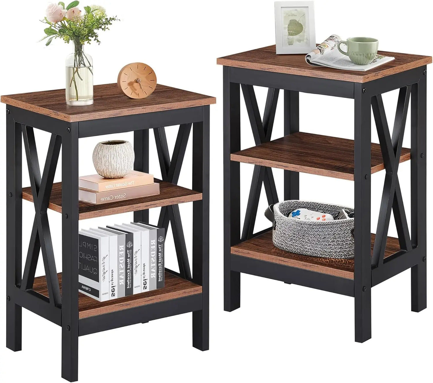 Rustic End Table Set With X Design And Tier Storage