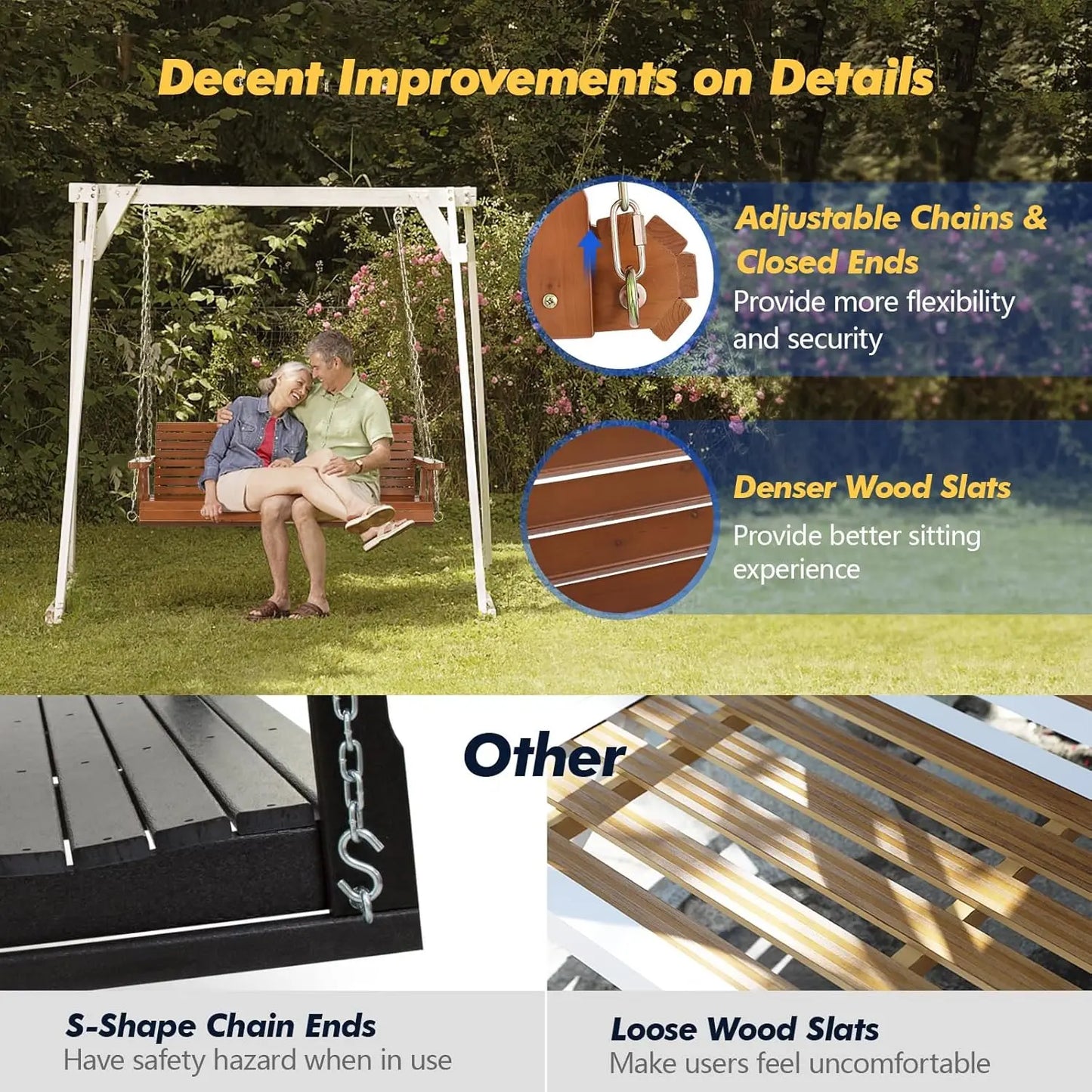 Upgraded Patio Wooden Porch Swing for Courtyard & Garden, Heavy Duty 880 LBS Swing Chair Bench with Hanging Chains, Customized