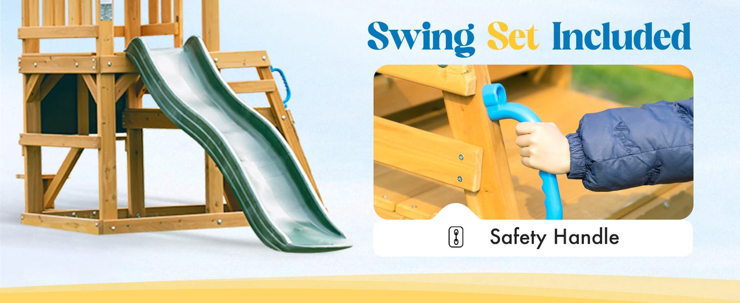Robotime Robud Wooden Swing Set with Dual Swings Slide Rock Climbing Wall Chalkboard Telescope Fort for Backyard Fun for Kids